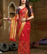 Red woven banarasi silk saree with blouse