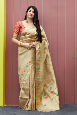 Cream woven banarasi silk saree with blouse 1