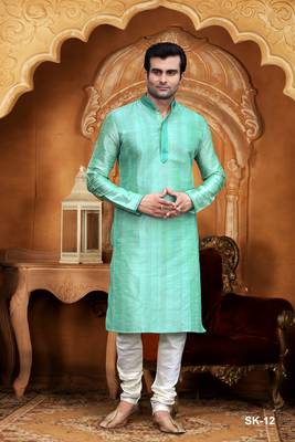 Turquoise embroidered dupion silk men-kurtas 1