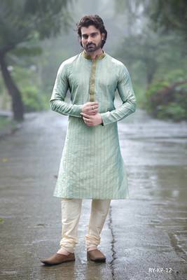 Turquoise embroidered dupion silk men-kurtas 1