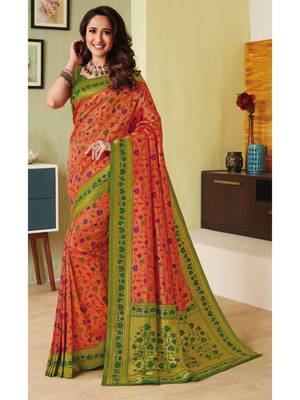 Orange Hand Woven Silk Blend Saree With Blouse 1