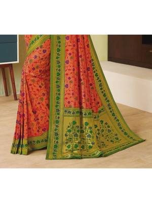 Orange Hand Woven Silk Blend Saree With Blouse 3