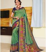 Green Hand Woven Silk Blend Saree With Blouse
