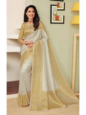 Off White Hand Woven Silk Blend Saree With Blouse 1