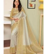 Off White Hand Woven Silk Blend Saree With Blouse