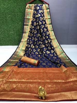 Womens Designer Blue Banarasi  Saree With Designer Blouse 1