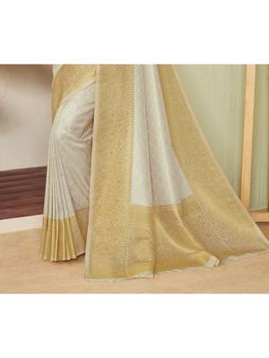Off White Hand Woven Silk Blend Saree With Blouse 3