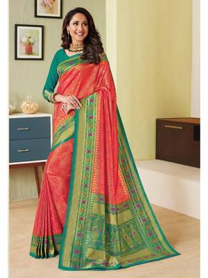 Red Hand Woven Silk Blend Saree With Blouse 1