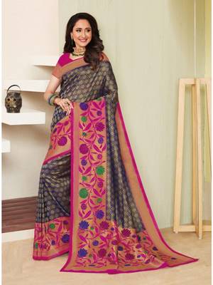 Blue Hand Woven Silk Blend Saree With Blouse 1