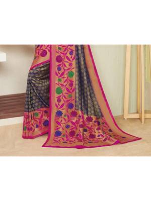 Blue Hand Woven Silk Blend Saree With Blouse 3