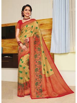 Gold Hand Woven Silk Blend Saree With Blouse 1
