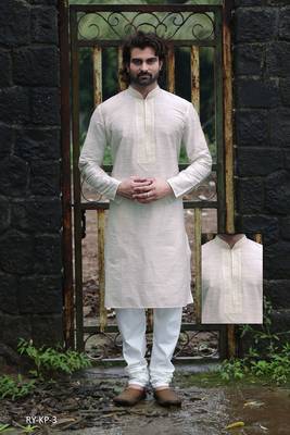 Beige printed dupion silk men-kurtas 1