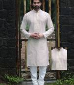 Beige printed dupion silk men-kurtas