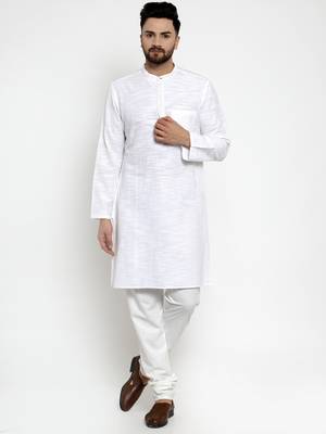 White Woven Cotton Men Kurtas 1