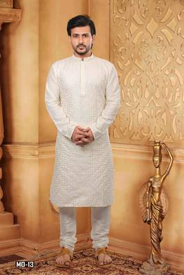 Beige embroidered dupion silk men-kurtas 1