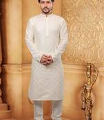 Beige embroidered dupion silk men-kurtas
