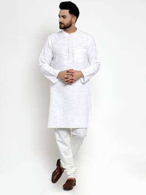 White Woven Cotton Men Kurtas 4