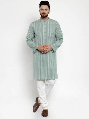 Green Woven Cotton Men Kurtas 4