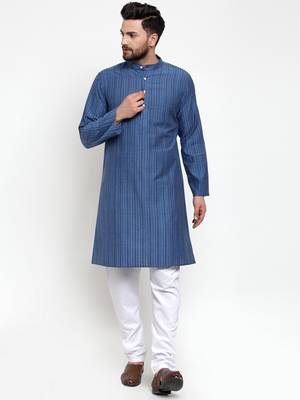 Blue Woven Cotton Men Kurtas 4
