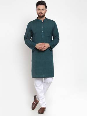 Green Woven Cotton Men Kurtas 1