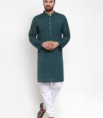 Green Woven Cotton Men Kurtas