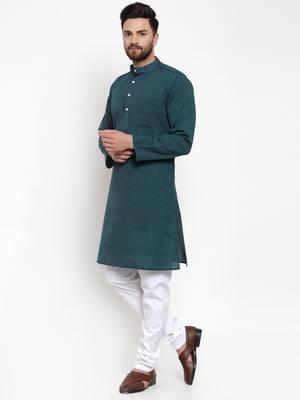 Green Woven Cotton Men Kurtas 2