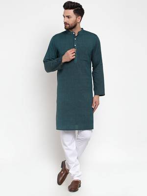 Green Woven Cotton Men Kurtas 4