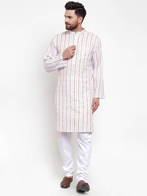 White Woven Cotton Men Kurtas 1