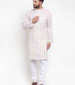 White Woven Cotton Men Kurtas