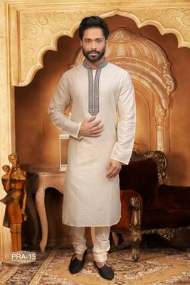 Beige embroidered jacquard men-kurtas 1