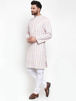 White Woven Cotton Men Kurtas 2