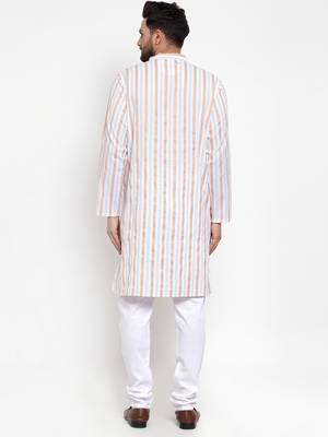 White Woven Cotton Men Kurtas 3