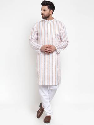 White Woven Cotton Men Kurtas 4