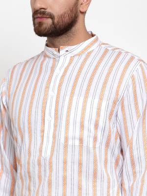 White Woven Cotton Men Kurtas 5