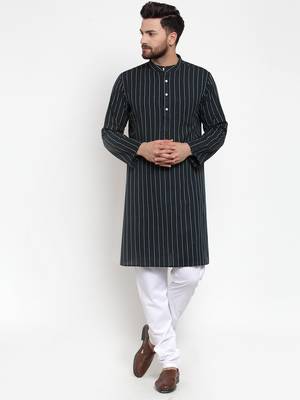 Black Woven Cotton Men Kurtas 1