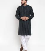 Black Woven Cotton Men Kurtas