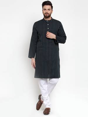 Black Woven Cotton Men Kurtas 4