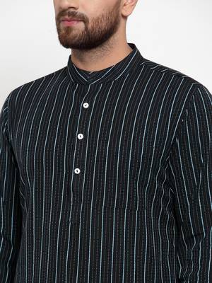 Black Woven Cotton Men Kurtas 5