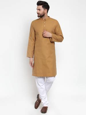 Brown Plain Cotton Men Kurtas 4