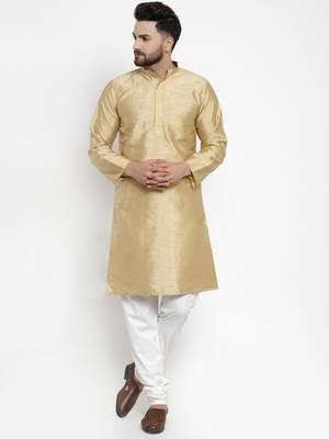 Beige Plain Dupion Silk Men Kurtas 1