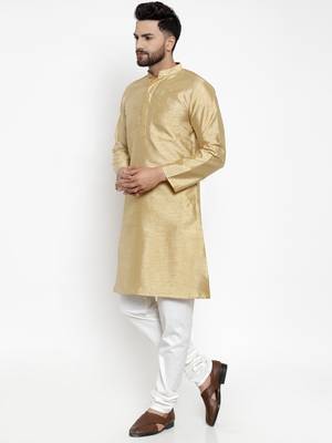 Beige Plain Dupion Silk Men Kurtas 2