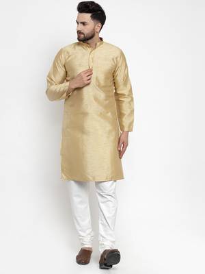 Beige Plain Dupion Silk Men Kurtas 4