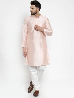 Pink Plain Dupion Silk Men Kurtas 4