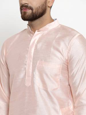 Pink Plain Dupion Silk Men Kurtas 5
