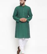 Green Woven Cotton Men Kurtas