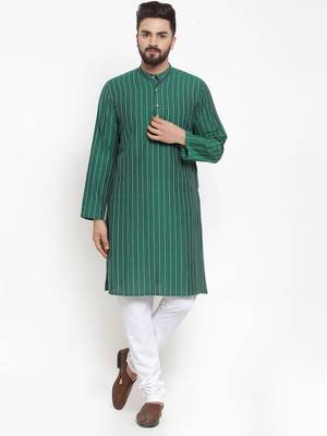 Green Woven Cotton Men Kurtas 4