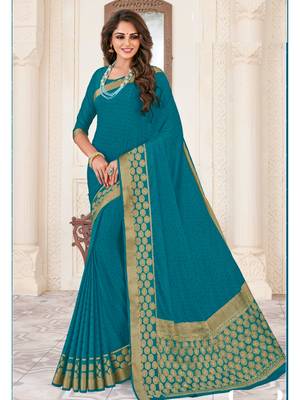 Turquoise Woven Chiffon Saree With Blouse 1
