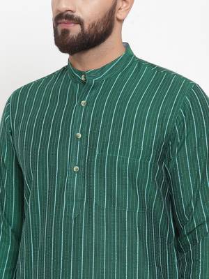 Green Woven Cotton Men Kurtas 5