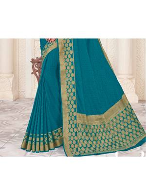 Turquoise Woven Chiffon Saree With Blouse 2