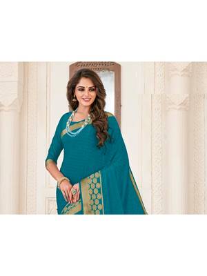 Turquoise Woven Chiffon Saree With Blouse 3